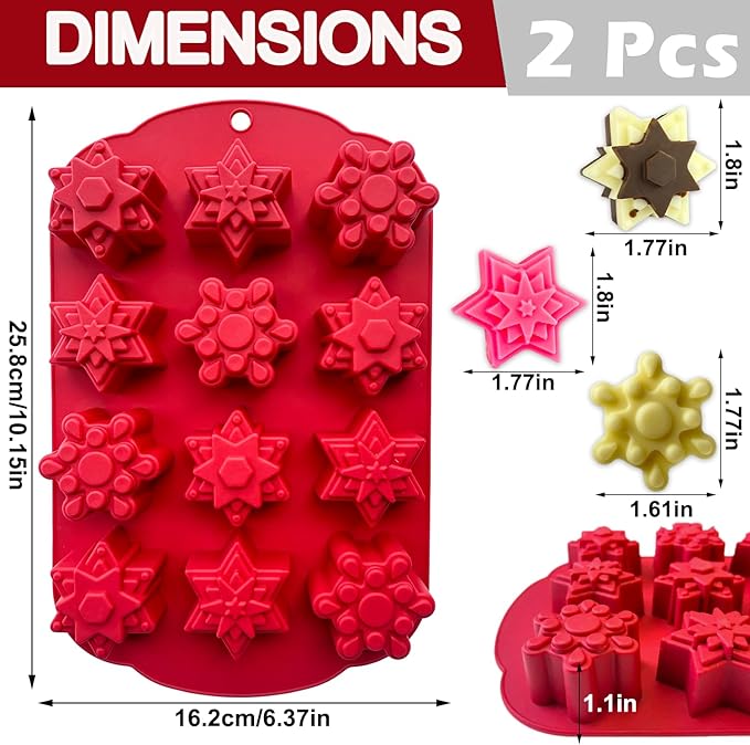 2 PCS Snowflake Silicone Mold, Snowflake Ice Cube Molds Christmas Chocolate Candy Silicone Molds for Dessert Soap Candles Jello Ice Wax Melt, Christmas Holiday Party Baking Cake Decor Mold