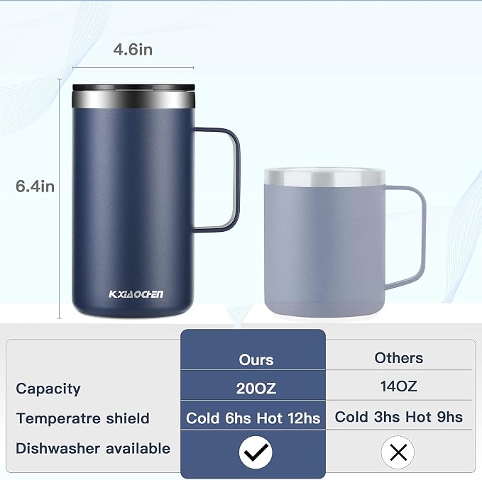 KXIAOCHEN 2-Pack 20 oz Insulated Coffee Mugs, Coffee Cups with Wide Handles | 18/8 stainless steel, sliding lids, 6+ hours hot or 12+ hours cold, wide mouth, no-sweat, for office, home, camping and gifts - Image 2