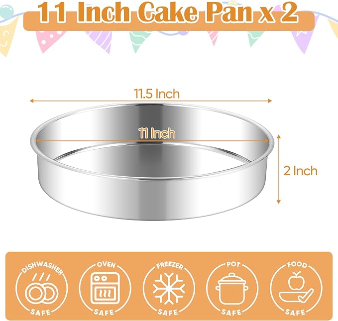 E-far 11 Inch Cake Pan Set of 2, Stainless Steel Large Round Baking Pans Tins, Non-Toxic & Leak-Proof Mold for Birthday Wedding Layer Tiered Cake, Easy Clean & Dishwasher Safe - Image 2