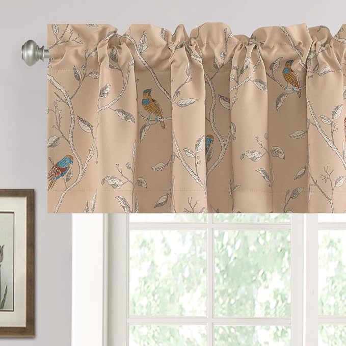 H.VERSAILTEX Blackout Curtain Valances for Kitchen Window/Living Room/Bathroom Privacy Added Rod Pocket Home Decoration Winow Valance, 52" W x 18" L, Birds in Taupe by HVERSAILTEX
