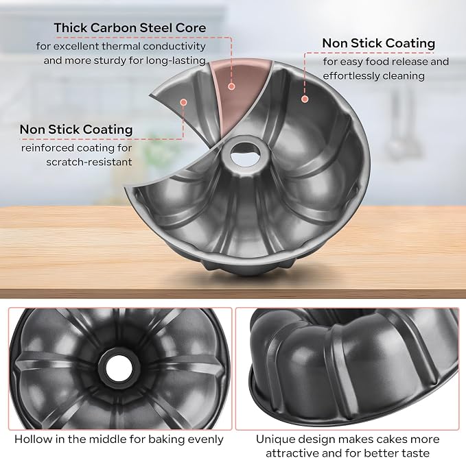 TeamFar 10 Inch Nonstick Cake Pan, 10 Cups Fluted Tube Cake Pan for Baking | Heavy Duty Carbon Steel Round Baking Tray for Making Jello/Monkey Bread/Chocoflan, Non Toxic, Easy Clean - Gray - Image 4
