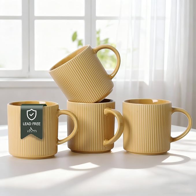 MONITO 16Oz Coffee Mugs Set of 4, Rustic Ceramic Coffee Cups Set with Large Handle, Vintage Striped Stoneware Coffee Mugs for Latte, Cocoa, Tea, Milk, Microwave & Dishwasher Safe, Lemon Yellow by MONITO