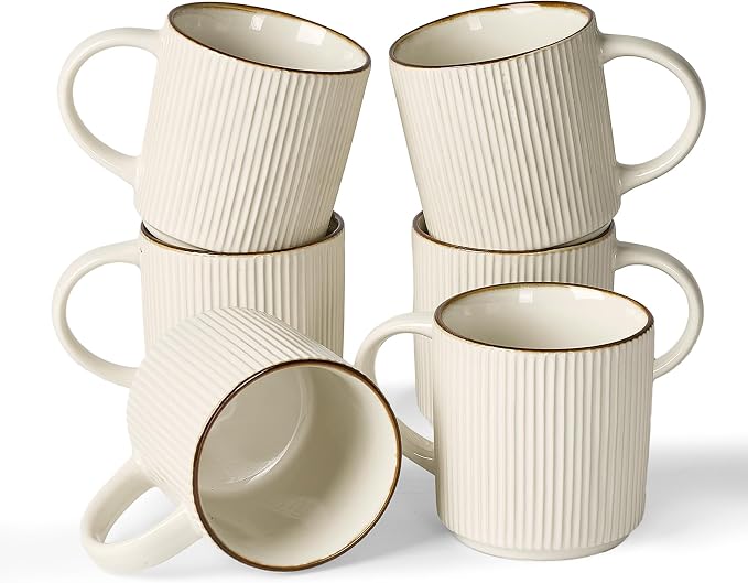 famiware Coffee Mug Set for 6, Star 12 oz Catering Mugs Cup Set with Handle for Coffee, Tea, Cocoa, Milk - Ceramic Stoneware Drinkware Set, White by Famiware