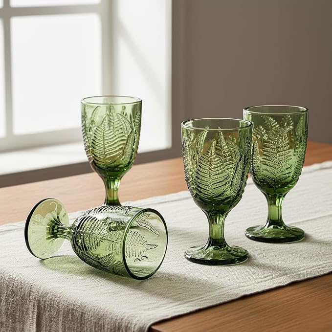 Green Glass Goblets Set of 4, Colored Wine Glasses, Vintage Fern Glassware | Hand-Pressed, Dishwasher Safe, Boho Leaf-Textured Drinkware, Embossed Stemware for Water, Cocktails, Retro Style Kitchen Gift - Image 2