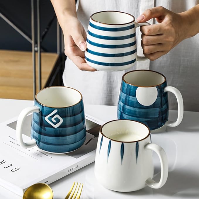 DEAYOU Set of 4 Porcelain Coffee Mugs, 17 Oz Ceramic Coffee Cups with Handles, Large Hand-Painted Tea Cups for Cappucino, Milk, Latte, Cocoa, Hot or Cold Drinks, Microwave & Dishwasher Safe - Image 6