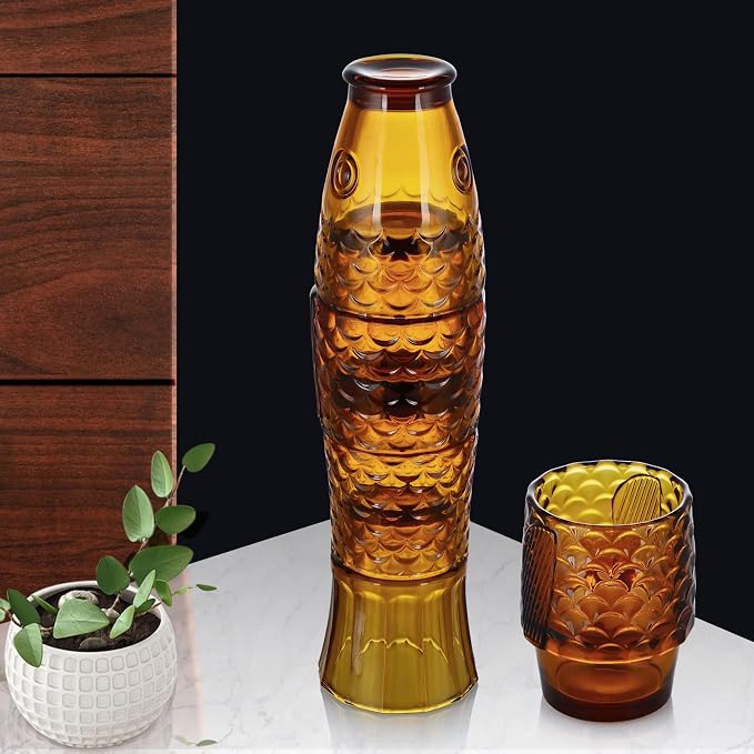 MDLUU Fish Design Tumbler Glasses, Stackable Drinking Glasses, Colored Glass Beverage Cups, Nautical Glassware for Gift, Set of 4 (Amber) - Image 7
