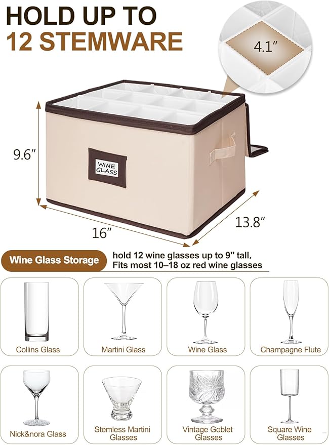 punemi Wine Glass Storage Box, 2-Pack Hard Shell Case with Padded Dividers | Hard shell support with dustproof lid and padded dividers, stackable for wine glasses, stemware and goblets, beige Set of 12 - Image 2