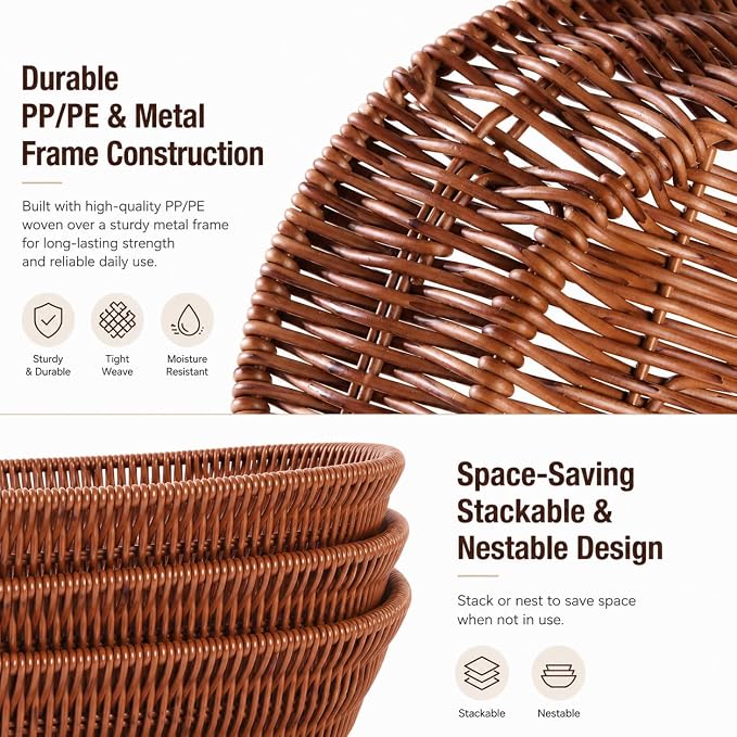 Set of 3 Oval Imitation Rattan Storage Baskets, Dark Brown, 11 x 8 x 2.6 in | Washable PP/PE shallow organizer bins with metal frame for kitchen counter, pantry, tabletop, fruit, bread, snacks and gifts. - Image 4