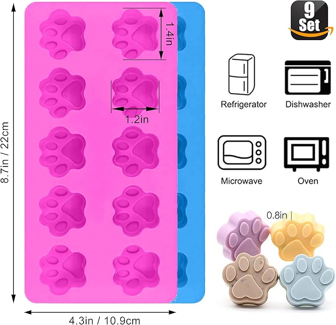 Set of 9-4 Silicone Molds Puppy Dog Paw and Bone，Silicone Dog Treat Molds and 5 Stainless Steel Bone Cookie Cutter，for Chocolate, Candy, Jelly, Dog Treats - Purple,Red,Pink,Blue