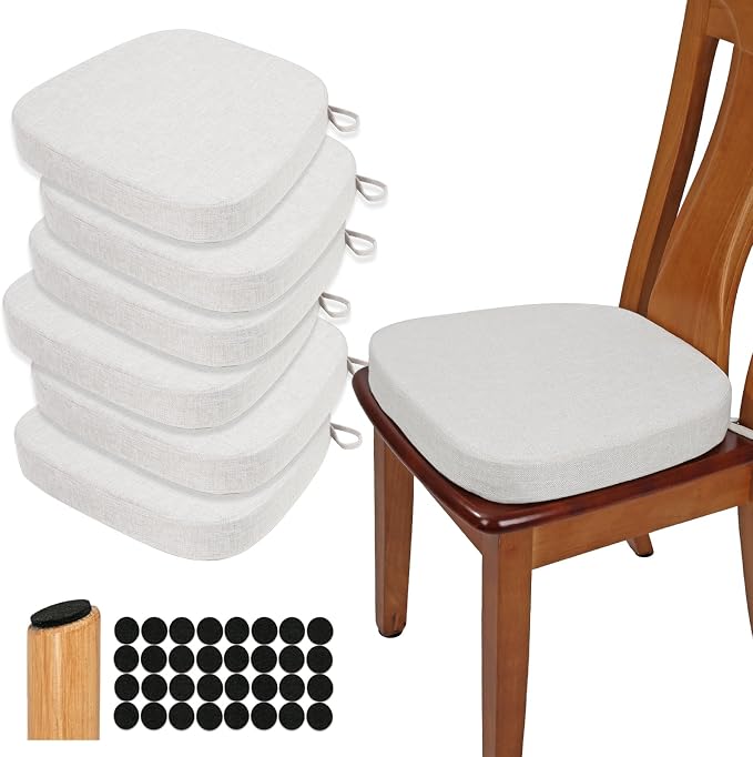 BUYUE Thickened 2.5" Dining Chair Cushions Set of 6, U-Shape High Density Foam Comfortable Chair Pads for Kitchen, Slip Resistant Indoor Seat Cushions (6 PCS, Light Grey) by BUYUE