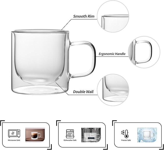 NIRA.Z 12 OZ Double Walled Glass Coffee Mugs Set of 4 Clear Coffee Cups with Handle 355ml Hand-Blown Insulated Glass Tea Cups for Hot & Cold Beverages, Cappuccino, Latte, Tea Bags, Espresso, Americano