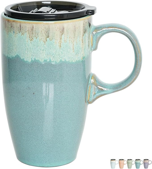 Bosmarlin Ceramic Travel Coffee Mug with Handle and Lid, 18 oz, Portable Coffee Cup for Car Cup Holder, Microwave and Dishwasher Safe, Reactive Glaze (Peacock Blue) by Bosmarlin