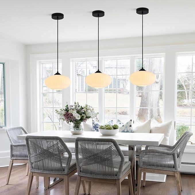KCO Lighting Matte Black Lantern Pendant Light with 9.8” White Ribbed Glass | Adjustable Cord E26 Hardwired Mid Century Modern Farmhouse Hanging Light for Kitchen Island Dining Living Room Bar Bedroom - Image 5