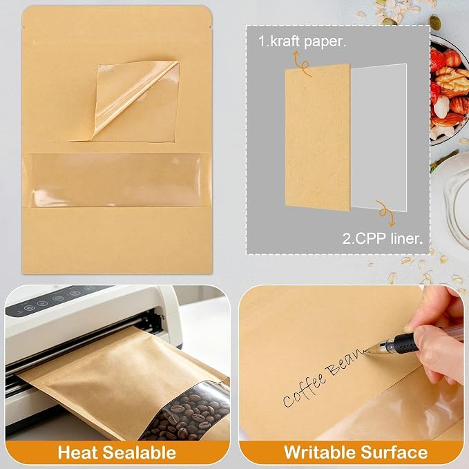 100 Pcs Kraft Paper Resealable Bags for Small Business (3.2 X 4.3 Inches) | Heat Sealable Zip Lock Stand Up Pouches with Clear Window for Food Storage, Samples, Party Favors - Image 6