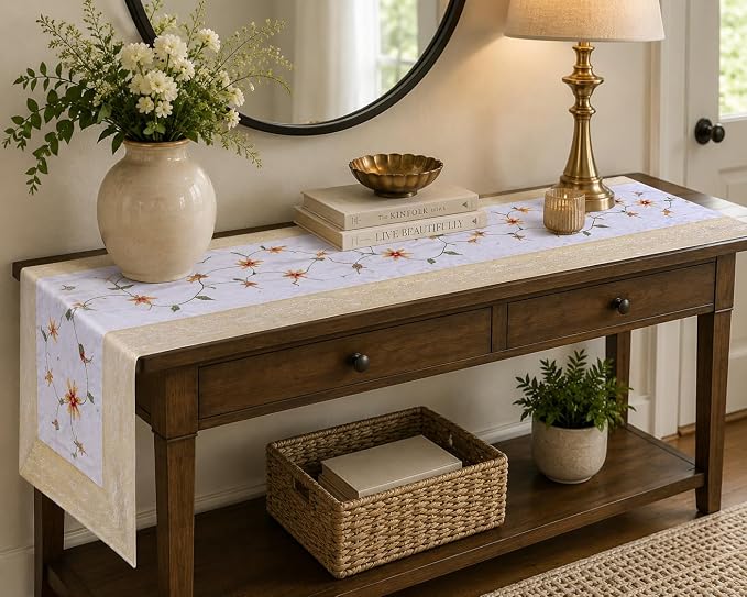Hand Embroidered Silk Table Runner, White Floral Vine Design with Gold Border, Decorative Table Linen for Dining Table, Coffee Table, Console Table and Home Décor, 60 x 18 Inches - Image 2