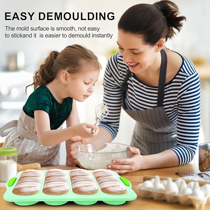 Silicone Bread Loaf Pan, 4-cavity Non-Stick Baguette Bread Pan Heat Resistant Hot Dog Bun Mold, for Sub Roll Baking Pan Bread Pans for Homemade Bread（Aqua Green）