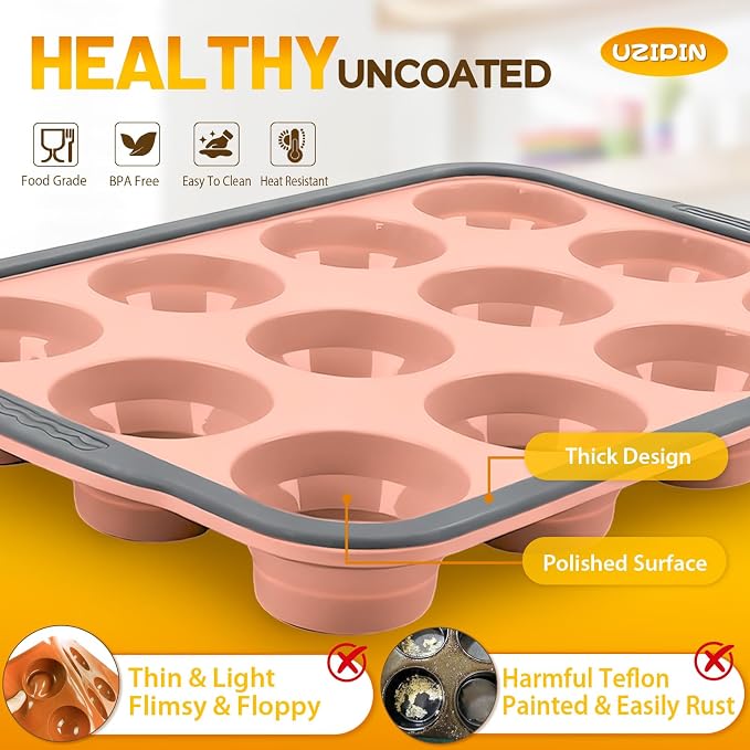 Silicone Muffin Pan, 12 Cups Non-Stick Cupcake Pan, Food-Grade BPA-Free Muffin Tin, Oven-Safe 450 °F, Reinforced Steel Frame, Easy-Grab Handles, Quick-Release 2.3" Baking Molds for Mini Treats - Image 3
