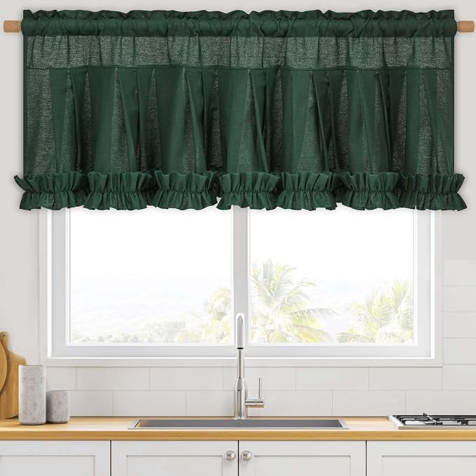 Likiyol Linen Valances for Windows Farmhouse Window Valances with Ruffle Rustic Country Light Filtering Kitchen Valance Curtains Rod Pocket Valance for Bathroom Cafe, Dark Green, 52" W X 18" L - Image 9