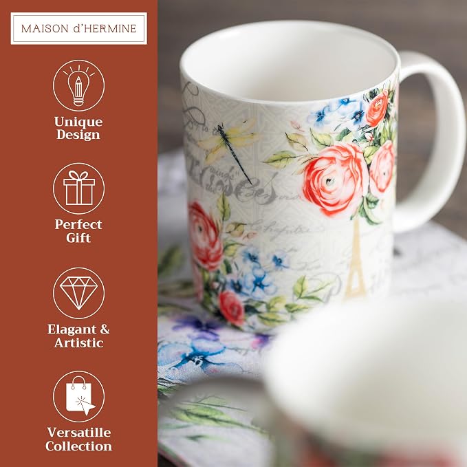 Maison d' Hermine Coffee Mug with Handles Tea Cups (12 Ounce, Pack of 2) | Fine Bone China Coffee Mugs for Hot Beverages Cappuccino Latte Home Restaurant Hotel Spring Summer -Champ De Mars - Image 2