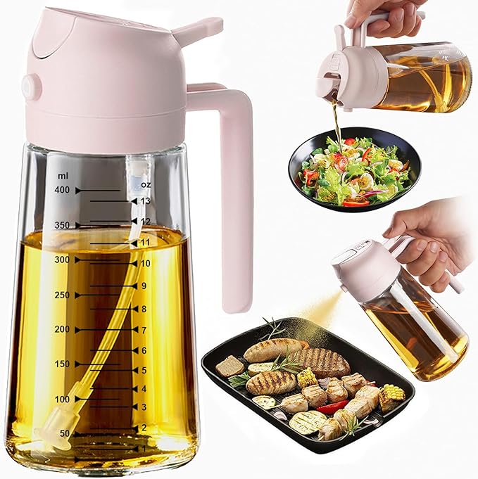 TrendPlain 16oz/470ml Glass Olive Oil Sprayer for Cooking - 2 in 1 Olive Oil Dispenser for Kitchen Gadgets, Air Fryer, Salad, and BBQ - Peach by TrendPlain