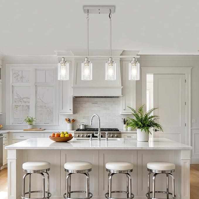 Brushed Nickel Linear Chandelier Over Table, Dining Room Light Fixtures | 4-Light Kitchen Island Lighting, 30'' Modern Island Lights for Kitchen with Clear Glass Shade, Adjustable Height - Image 2