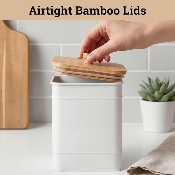 Kitchen Canisters for Countertop Set of 3 w/ Chalkboard Labels & Marker Pen | Airtight Easy Open Bamboo Lids, Dent-Resistant Thick Metal, Customizable Chalkboard Labels, Marker Pen Included, Set of 3 - Image 4