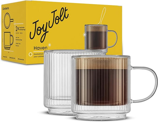 JoyJolt Haven Stackable Fluted Glass Mugs, Set of 2 Ribbed Double Wall Insulated Coffee Cups, 13.5oz Clear Mugs
