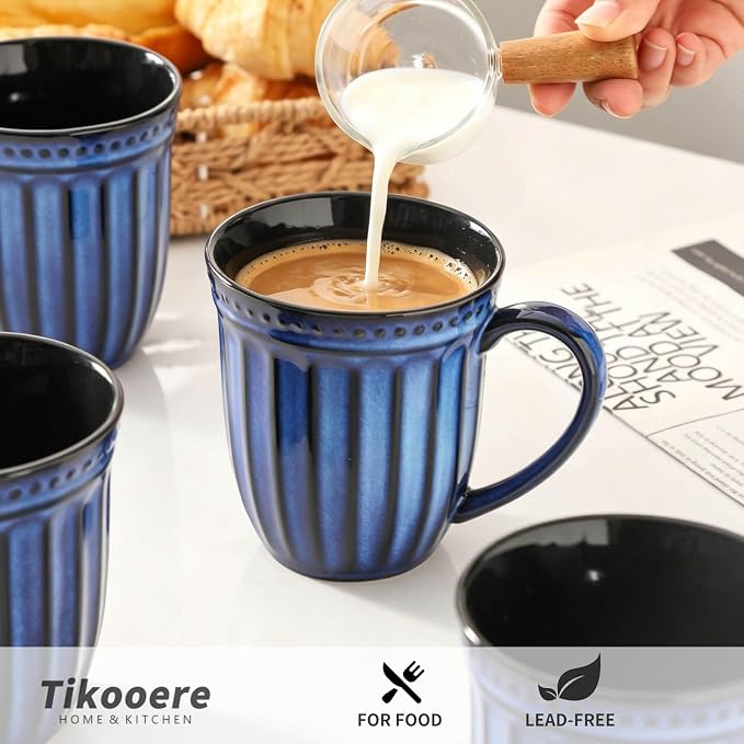 Coffee Mugs Set of 4, 16oz Navy Blue Ceramic Coffee Mug with Embossed Ribbed, Farmhouse Tea Cup Set for Latte, Cappuccino, Milk, Large Handle, Suitable for Office Home Restaurant Housewarming Gift - Image 5