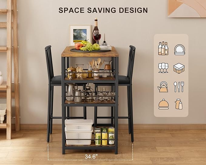 Gizoon 3-Piece Bar Dining Table Set for 2, Kitchen Table w/Shelves Retro | Space-saving retro bar height table set with 3 storage shelves. Includes 2 high-density PU cushion chairs that tuck away. - Image 2