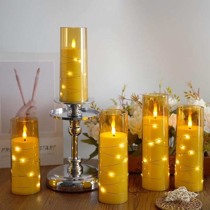 Flameless Candles,with Embedded Star String, Battery Operated Candles Flickering LED Pillar Candles with Remote Control and Timer, Home Decoration Add a Warm and Romantic Atmosphere，Set of 7 (Gold) - Image 3