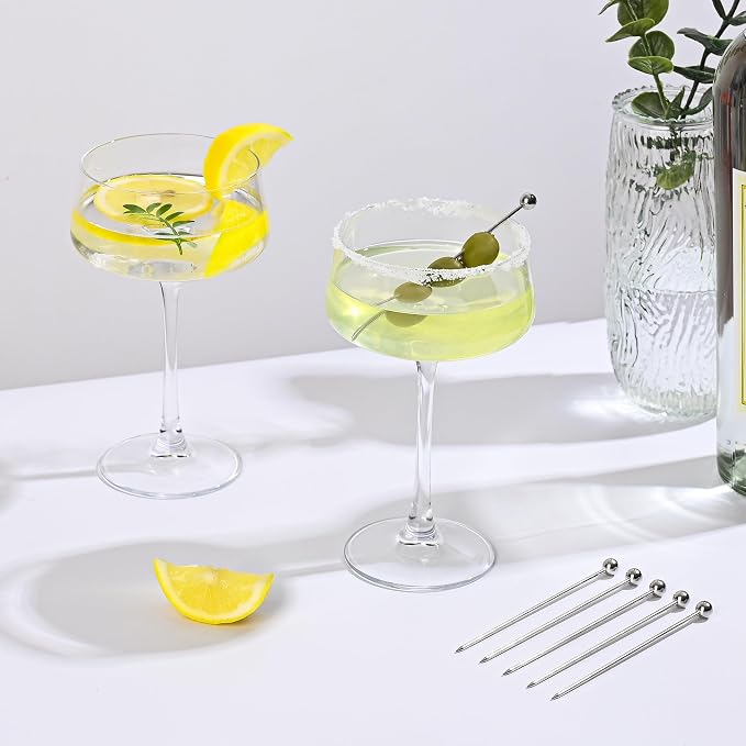Amyoole Martini Glasses Set of 6, 8 oz Premium Crystal Coupe Glasses | Hand Blown Champagne Drinkware with 6 Cocktail Picks, Clear Cocktail Glasses for Bar, Parties, Espresso, Martinis, Margaritas - Image 4