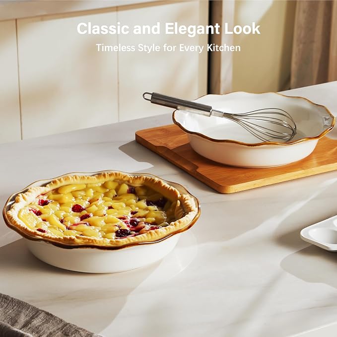 ONEMORE 9-Inch Deep Dish Pie Pan - Ceramic Pizza Pan for Oven, Baking Chicken Pot Pie, Quiche & Tarts - Rustic White Dish for Perfectly Crispy Crust, Large Ruffled Baking Plate - Image 3