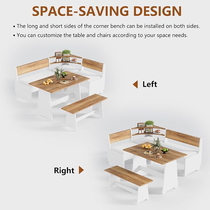 PAKASEPT Corner Breakfast Nook Table Set with Cushion, L-Shape Kitchen Dining Table with Bench, Farmhouse Wood Breakfast Nook Bench with Hidden Storage,White & Brown - Image 3