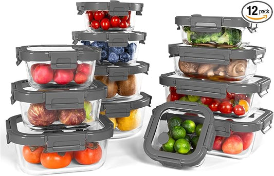 12-Pack Glass Containers with Tempered Lids – Borosilicate, Oven-Safe(-4°F~950°F), Airtight, BPA-Free, Multi-Size for Meal Prep, Dishwasher Safe, 1.6 cups to 6.4 cups (Gray) by BOROHOUSE