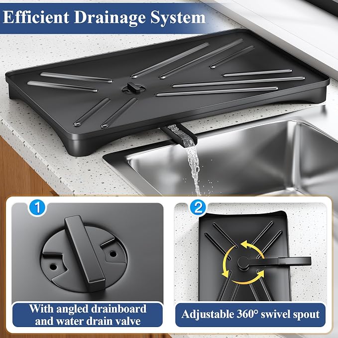 SNTD Dish Drying Rack for Kitchen Counter, 11.8" W x 16.7" L, Black | Rustproof Stainless Steel, Large Capacity, Self-Draining Drainboard, Rotating Spout, Removable Utensil Holder - Image 4