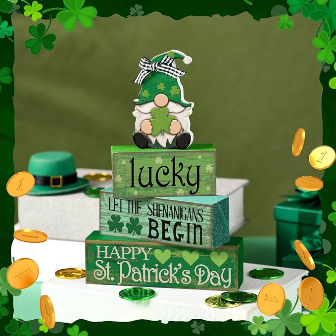 Moucuny 4 Pcs St. Patrick's Day Table Decoration Irish Tiered Tray Decor Wooden Gnome Shamrocks Block Signs Happy St. Patrick's Day Centerpiece for Tables Irish Wooden Sign for Home Decor - Image 5