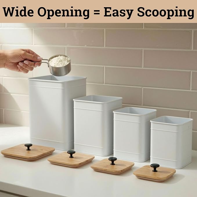 Kitchen Canisters for Countertop Set of 4 w/ Chalkboard Labels & Marker Pen | Airtight Easy Open Bamboo Lids, Dent-Resistant Thick Metal, Customizable Chalkboard Labels, Marker Pen Included, Set of 4 - Image 8