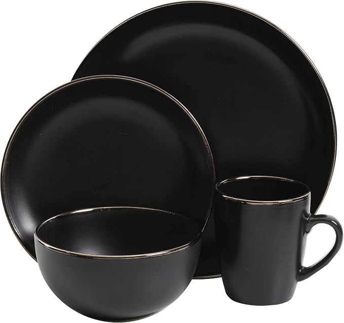 Gibson Home Rockaway 16-Piece Round Stoneware Dinnerware Set, Service for 4 – Black with Gold Rim Plates and Bowls, Microwave & Dishwasher Safe - Image 2