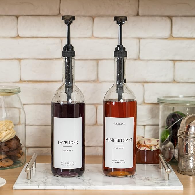 Demi's Home 25.4 oz 750 ml Glass Coffee Syrup Dispenser for Coffee Bar - 2 Pack - Comprehensive Label Set & ¼ oz Pumps Included
