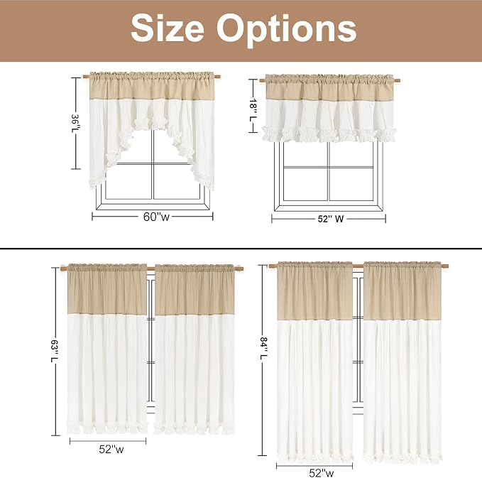 Likiyol Linen Swag Curtains Farmhouse Ruffle Valances for Windows Rustic Country Window Valances Light Filtering Kitchen Curtains Rod Pocket Valance for Bathroom Cafe, Linen White, 60" W x 36" L - Image 8