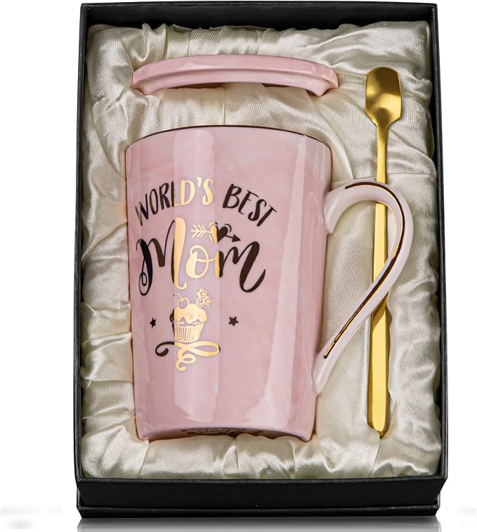 Birthday Gifts for Mom from Daughter Son Kids - Funny Birthday Gift Ideas for Mothers Wife Women - 14Oz Marble Ceramic Best Mom Coffee Mug with Lid Spoon Card, Box, Unique Moms Cup Gifts-Boxed Set | Unique Mom gifts Pink Marble Ceramic Cup With Lid Spo... by Biching