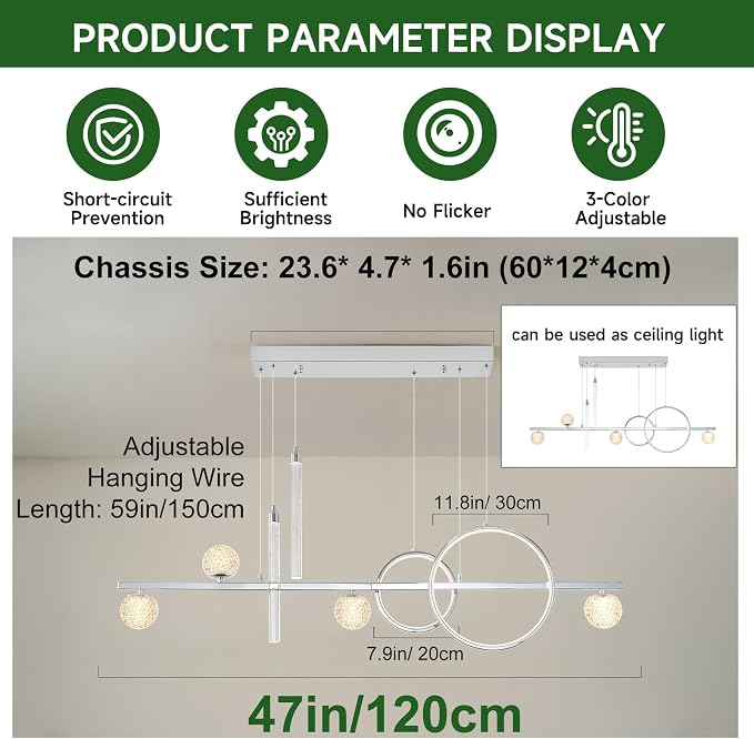 ORANOOR Modern LED Pendant Lights, Dimmable 47inch Silver LED Chandelier | Upgraded Chrome Linear Dining Room Hanging Light Fixtures, Kitchen Island Globe Pendant Lighting for Dining Table (4200lm) - Image 5
