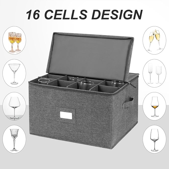 Stemware Storage Cases, Wine Glass Storage Box Containers with Dividers | Glassware Storage Containers for Glassware or Crystal, Holds 16 Red or White Wine Glasses, Hard Top and Stackable (Grey) - Image 6