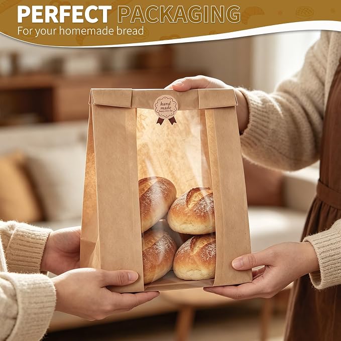 Banana Bread Packaging, Bread Packaging for Homemade, 50 Pcs 13.78" × 8.27" × 3.54" Bags with Clear Window and 50 Stickers, Water and Oil Repellent, Easy to Use, Well-Sized for Baked Goods - Image 4