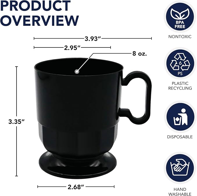Party Essentials 8-Ounce Hard Plastic Coffee Cup/Tea Mug with Handle, 20-Count, Deluxe Black - Image 2