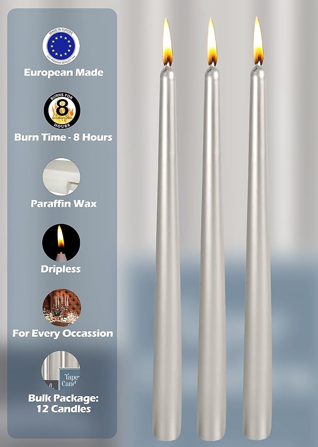 Hyoola Tall Taper Candles - 10 Inch - Metallic Titan - Dripless - 12 Pack - 8 Hour Burn Time - Image 4