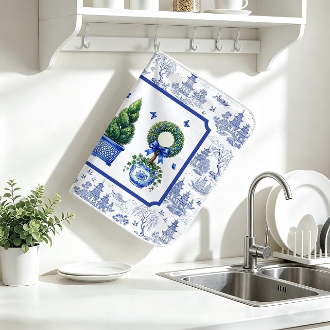 Chinese Blue White Dish Drying Mat for Kitchen Counter Coffee Bar 18x24 in | Chinese Aesthetic Non Slip Absorbent Kitchen Dishes Drainer Mat, with Anti-slip Rubber Backing & Hanging Loop, for Sink - Image 7