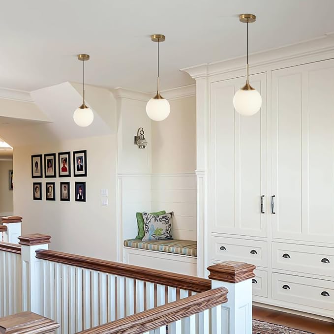 KCO Lighting 7” Small Milk Glass Pendant Light Gold Globe Kitchen Pendant Lights Vintage White Glass Hanging Light Fixture Mid Century Modern Dining Room Ceiling Light Fixture (2 Pack) - Image 6
