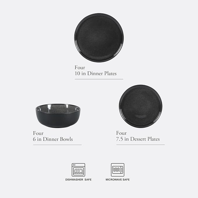 Gibson Elite Tahoe Sunset 12 Piece Stoneware Reactive Glaze (Service for 4) Ceramic Plates and Bowls Dinnerware Set - Black - Image 2