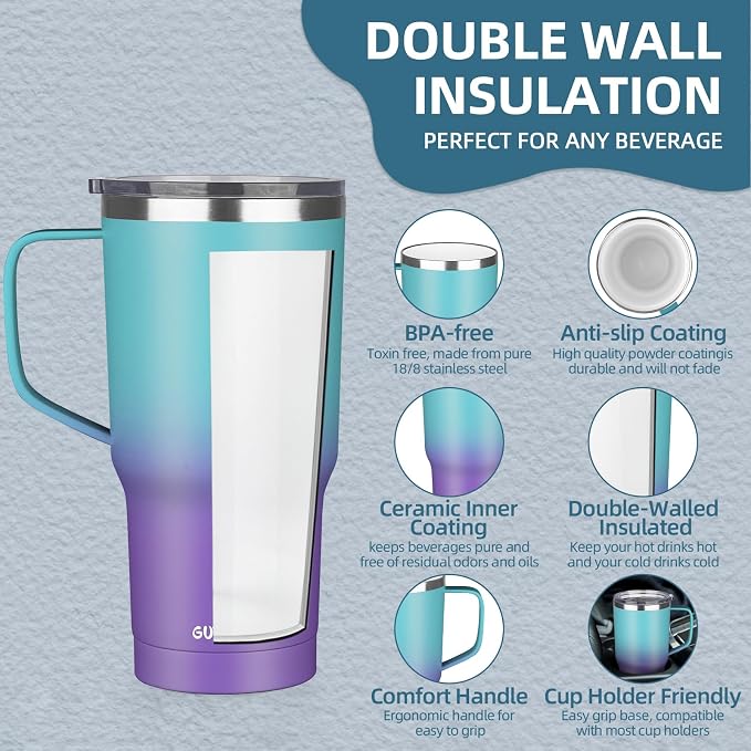 20 oz Insulated Coffee Mug with Ceramic Coating, Stainless Steel Travel Mug Tumbler with Handle Lid and Straw, Double Wall Leak-Proof Coffee Travel Mug Keeps Drink Hot and Cold (Azure Purple) - Image 3